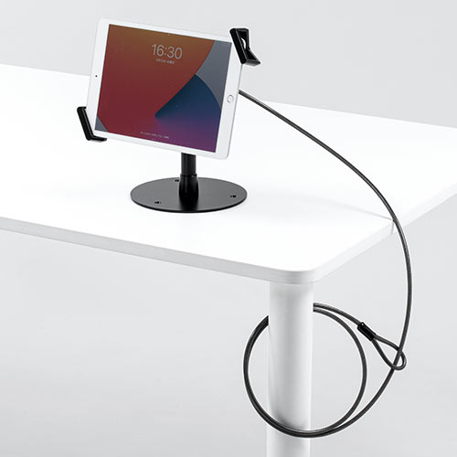 タブレットセキュリティ（タブレットスタンド・丸形台座・ワイヤー長1.8m・7～13インチ対応・厚み2.5cm・角度調整・ブラック）
