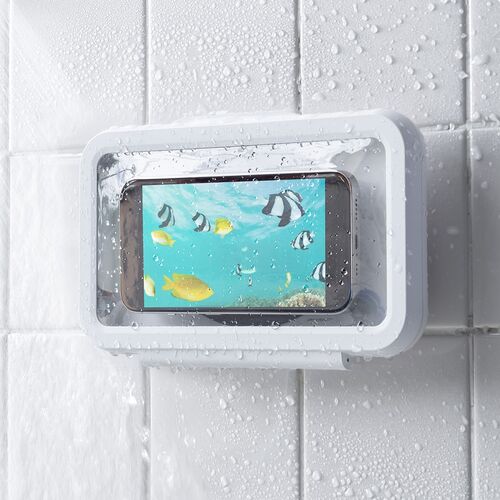 防水ケース（壁掛け・スマホ用・ハードタイプ・6.8インチ対応・回転・着脱簡単・IPX5・スタンド・お風呂・キッチン・浴室・洗面所・iPhone15 14 13 SE・Android） SPC032WP