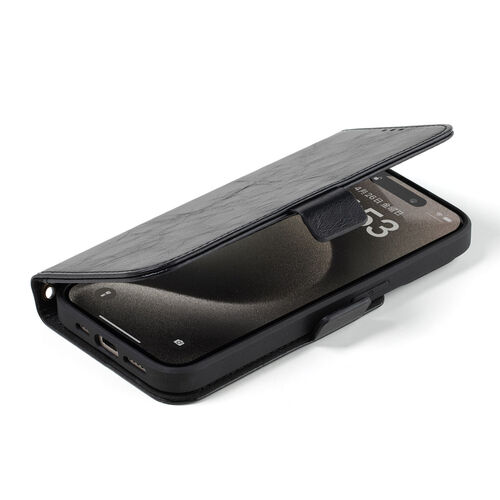 iPhone15 Pro 専用 手帳型ケース（ブラック・PUレザー・収納ポケット・スタンド機能・画面保護・ストラップホール付き）