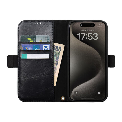 iPhone15 Pro 専用 手帳型ケース（ブラック・PUレザー・収納ポケット・スタンド機能・画面保護・ストラップホール付き）