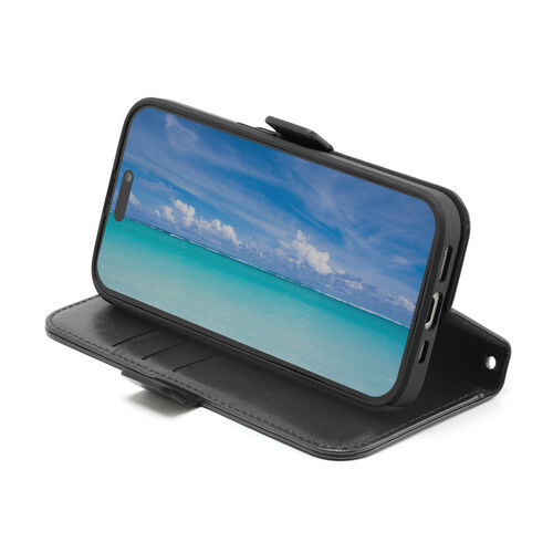 iPhone15 Pro 専用 手帳型ケース（ブラック・PUレザー・収納ポケット・スタンド機能・画面保護・ストラップホール付き）