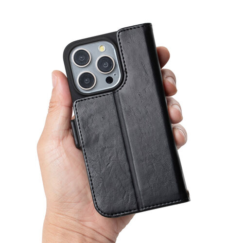 iPhone15 Pro 専用 手帳型ケース（ブラック・PUレザー・収納ポケット・スタンド機能・画面保護・ストラップホール付き）