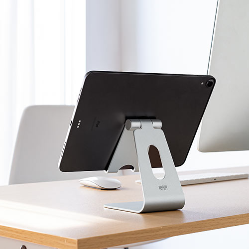 アルミスタンド（iPad・タブレット・無段階角度調整・ケース対応・4～13インチ対応・シルバー・ゲーム機） STN035