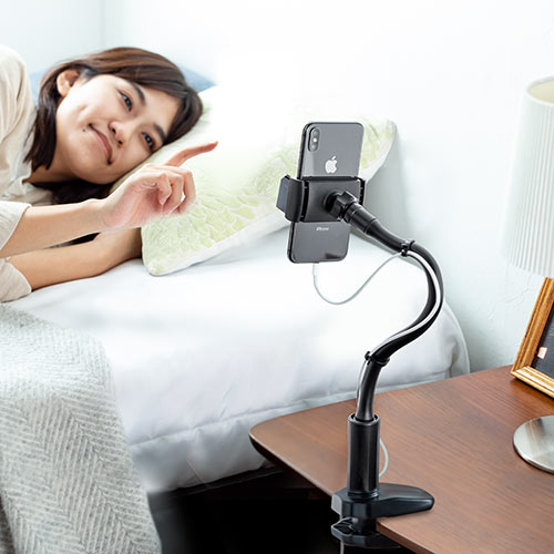 スマホスタンド（フレキシブルアーム・クランプ・360°回転・ケーブルクリップ付き・スマホ/iPhone用）