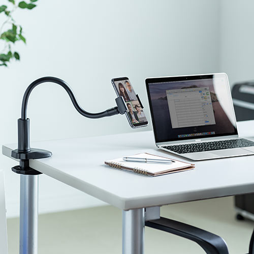 スマホスタンド（フレキシブルアーム・クランプ・360°回転・ケーブルクリップ付き・スマホ/iPhone用）