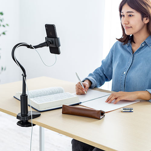 スマホスタンド（フレキシブルアーム・クランプ・360°回転・ケーブルクリップ付き・スマホ/iPhone用）