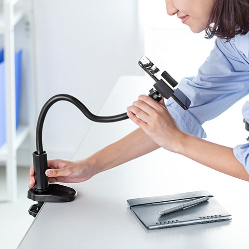 スマホスタンド（フレキシブルアーム・クランプ・360°回転・ケーブルクリップ付き・スマホ/iPhone用）