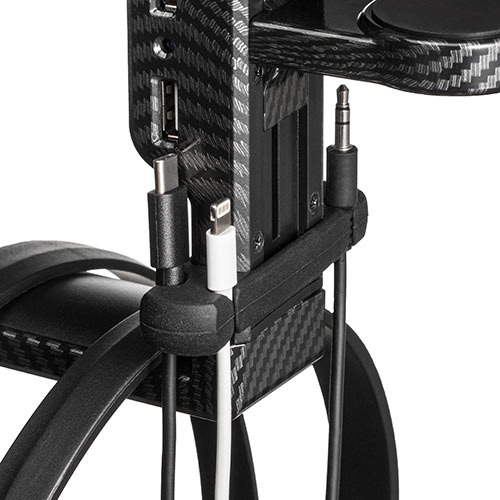 ヘッドホンスタンド（ヘッドホンハンガー・ヘッドホンフック・USBポート付き・クランプ・360°回転・吊り下げ式・ケーブルフック付き・カーボン調）