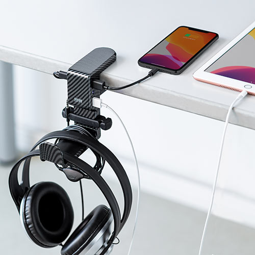 ヘッドホンスタンド（ヘッドホンハンガー・ヘッドホンフック・USBポート付き・クランプ・360°回転・吊り下げ式・ケーブルフック付き・カーボン調）