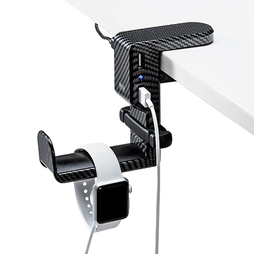 ヘッドホンスタンド（ヘッドホンハンガー・ヘッドホンフック・USBポート付き・クランプ・360°回転・吊り下げ式・ケーブルフック付き・カーボン調）