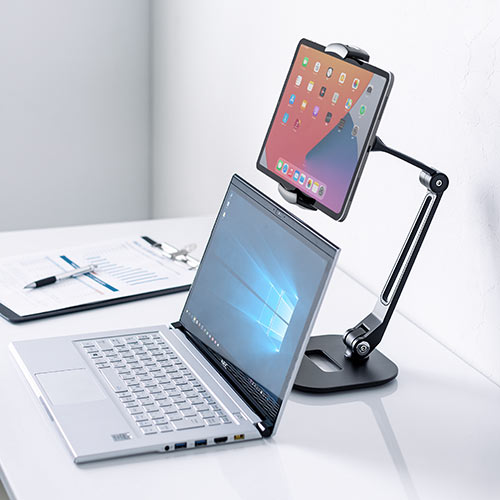 タブレットアームスタンド（6～13インチ対応・2関節・高さ調節・角度調整・回転可能・レジスタンド・ブラック）