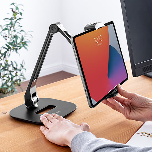 タブレットアームスタンド（6～13インチ対応・2関節・高さ調節・角度調整・回転可能・レジスタンド・ブラック）