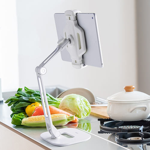タブレットアームスタンド（6～13インチ対応・2関節・高さ調節・角度調整・回転可能・レジスタンド・ホワイト）