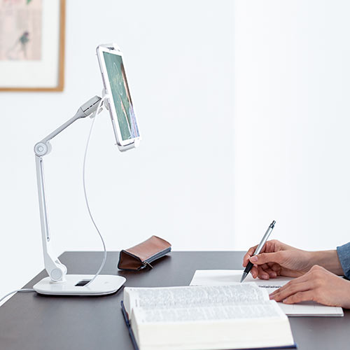 タブレットアームスタンド（6～13インチ対応・2関節・高さ調節・角度調整・回転可能・レジスタンド・ホワイト）