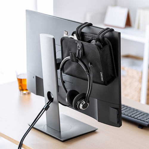 ディスプレイ裏収納背面ポケット（モニター裏収納・テレビ裏収納・ヘッドフォンフック・小物入れ・ブラック・Sサイズ）