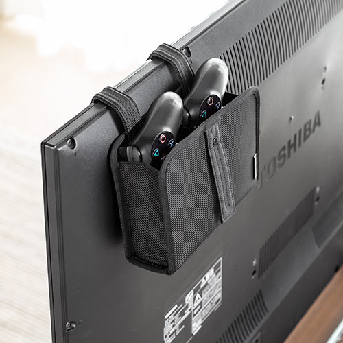 ディスプレイ裏収納背面ポケット（モニター裏収納・テレビ裏収納・ヘッドフォンフック・小物入れ・ブラック・Sサイズ）