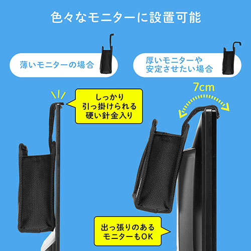 ディスプレイ裏収納背面ポケット（モニター裏収納・テレビ裏収納・ヘッドフォンフック・小物入れ・ブラック・Sサイズ）