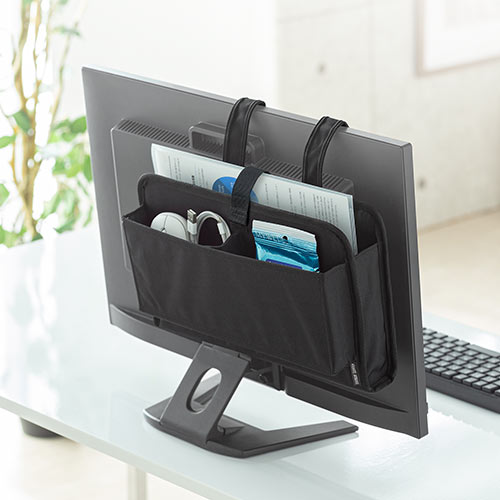 ディスプレイ裏収納背面ポケット（テレビ裏収納・モニター裏収納・A4収納対応・幅33.5cm・小物入れ・Lサイズ・ブラック）