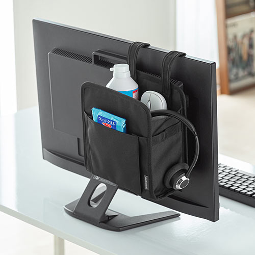 ディスプレイ裏収納背面ポケット（テレビ裏収納・モニター裏収納・幅21.5cm・小物入れ・Mサイズ・ブラック）