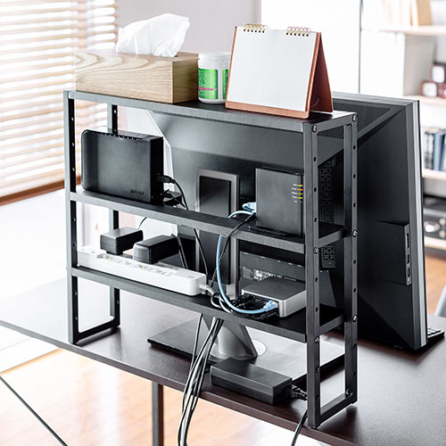 ディスプレイ裏収納ラック（モニター裏収納・棚・配線・ルーター・ちょい置き・幅60cm・高さ51cm・3段・22インチ以上向け）