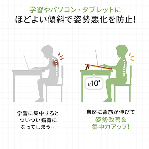 学習台（リビング学習・入学祝い・プレゼント・ライティングボード・ノートパソコンスタンド・木製・姿勢矯正・子供・学習補助・ペントレー付き） STN059 サンワサプライ