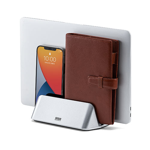 ノートパソコンスタンド（クラムシェルスタンド・2台収納・垂直・縦置き・幅調節可能・シルバー）