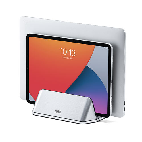 ノートパソコンスタンド（クラムシェルスタンド・2台収納・垂直・縦置き・幅調節可能・シルバー）