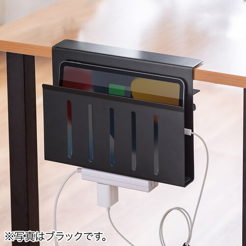 デスクサイド収納（デスク横収納・デスクサイドホルダー・デスクサイドポケット・クランプ式・後付け・拡張・スチール製・ノートパソコン・タブレット・書類・ホワイト）