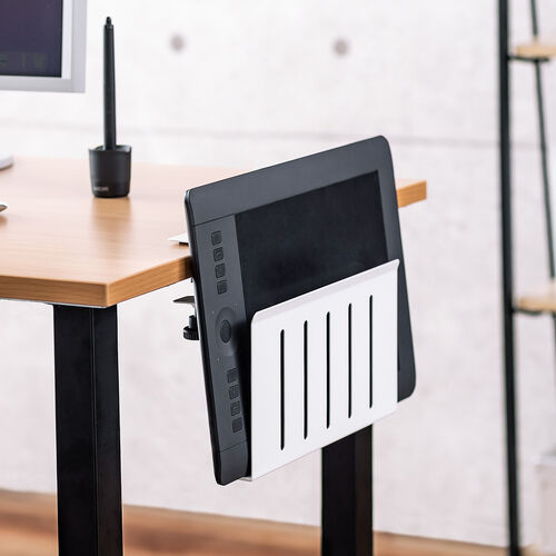 デスクサイド収納（デスク横収納・デスクサイドホルダー・デスクサイドポケット・クランプ式・後付け・拡張・スチール製・ノートパソコン・タブレット・書類・ホワイト）