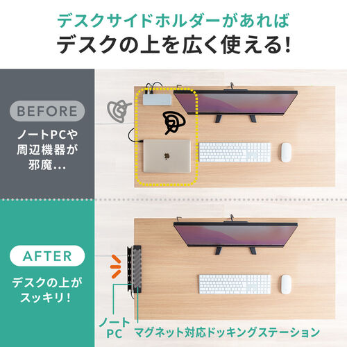 デスクサイド収納（デスク横収納・デスクサイドホルダー・デスクサイドポケット・クランプ式・後付け・拡張・スチール製・ノートパソコン・タブレット・書類・ホワイト）