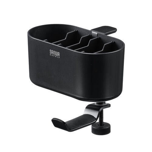 小物入れ付きバッグハンガー（クランプ式・バッグホルダー ・カップホルダー・スマホ収納・小物収納・ブラック）