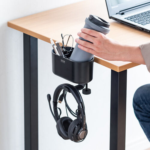 小物入れ付きバッグハンガー（クランプ式・バッグホルダー ・カップホルダー・スマホ収納・小物収納・ブラック）