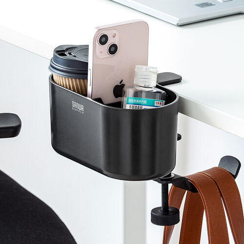 小物入れ付きバッグハンガー（クランプ式・バッグホルダー ・カップホルダー・スマホ収納・小物収納・ブラック）