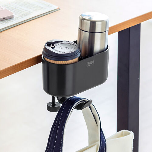 小物入れ付きバッグハンガー（クランプ式・バッグホルダー ・カップホルダー・スマホ収納・小物収納・ブラック）