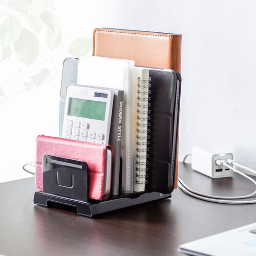 タブレット・スマートフォン用スタンド（整理整頓グッズ・10台収納・連結可能・ブラック）