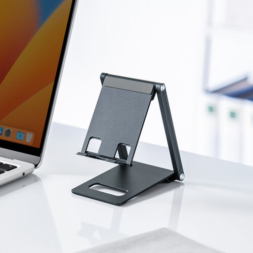 モバイルスタンド（折りたたみ式・超薄型9mm・アルミ製・冷却・無段階角度調整・持ち運び・タブレットスタンド・スマホスタンド）