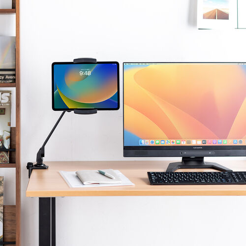 モバイルモニタースタンド（アーム式・クランプ取付け・6関節・無段階角度調整・15.8インチ対応・360度回転・タブレットスタンド）