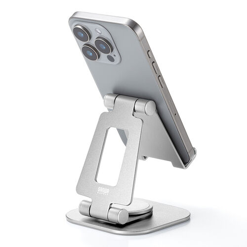 スマホスタンド（回転・折りたたみ・アルミ製・無段階・角度調整・2関節・スマートフォンスタンド・Switch・シルバー）