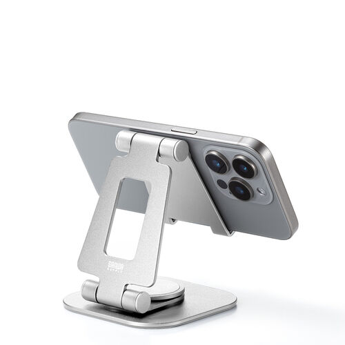 スマホスタンド（回転・折りたたみ・アルミ製・無段階・角度調整・2関節・スマートフォンスタンド・Switch・シルバー）