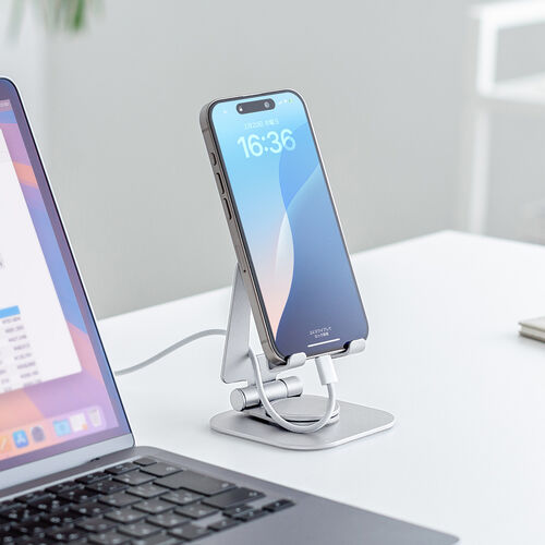 スマホスタンド（回転・折りたたみ・アルミ製・無段階・角度調整・2関節・スマートフォンスタンド・Switch・シルバー）