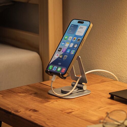 スマホスタンド（回転・折りたたみ・アルミ製・無段階・角度調整・2関節・スマートフォンスタンド・Switch・シルバー）