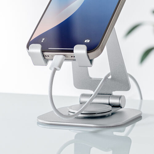 スマホスタンド（回転・折りたたみ・アルミ製・無段階・角度調整・2関節・スマートフォンスタンド・Switch・シルバー）