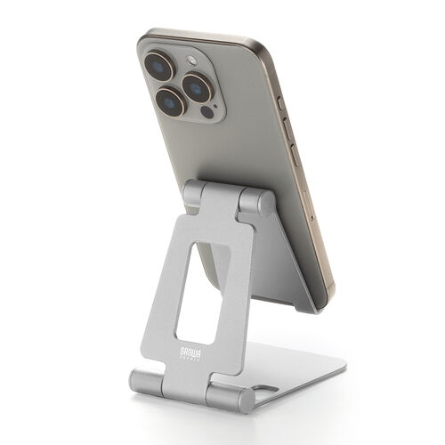 スマホスタンド（折りたたみ式・アルミ製・無段階・角度調整・2関節・スマートフォンスタンド・Switch・シルバー）