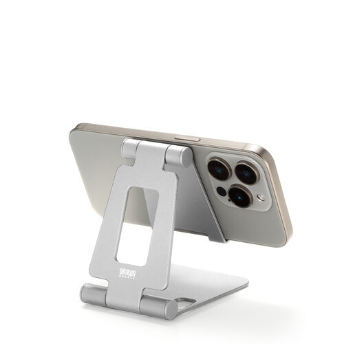 スマホスタンド（折りたたみ式・アルミ製・無段階・角度調整・2関節・スマートフォンスタンド・Switch・シルバー）