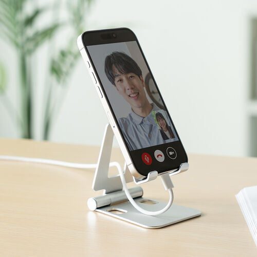 スマホスタンド（折りたたみ式・アルミ製・無段階・角度調整・2関節・スマートフォンスタンド・Switch・シルバー）
