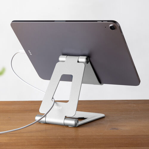 タブレットスタンド（折りたたみ式 ・アルミ製・無段階・角度調整・2関節・iPad・Switch・シルバー）