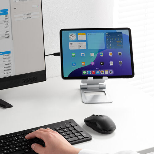 タブレットスタンド（折りたたみ式 ・アルミ製・無段階・角度調整・2関節・iPad・Switch・シルバー）