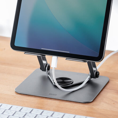 タブレットスタンド（回転・折りたたみ・アルミ製・無段階・角度調整・2関節・スマートフォンスタンド・Switch・グレー）