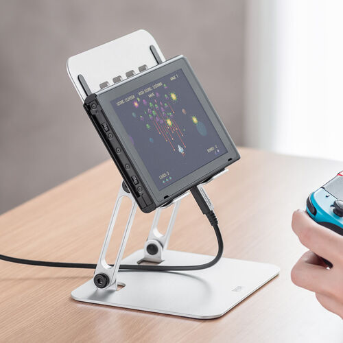 タブレットスタンド（折りたたみ・アルミ製・無段階・角度調整・2関節・スマートフォンスタンド・Switch・シルバー）