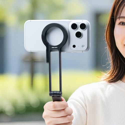 MagSafe対応スマホスタンド（スマホ三脚・折りたたみ式・持ち運び・ミニ三脚・自撮り棒・360°回転・無段階角度調整・縦置き・横置き・ iPhone/Android・メタルリング付属）